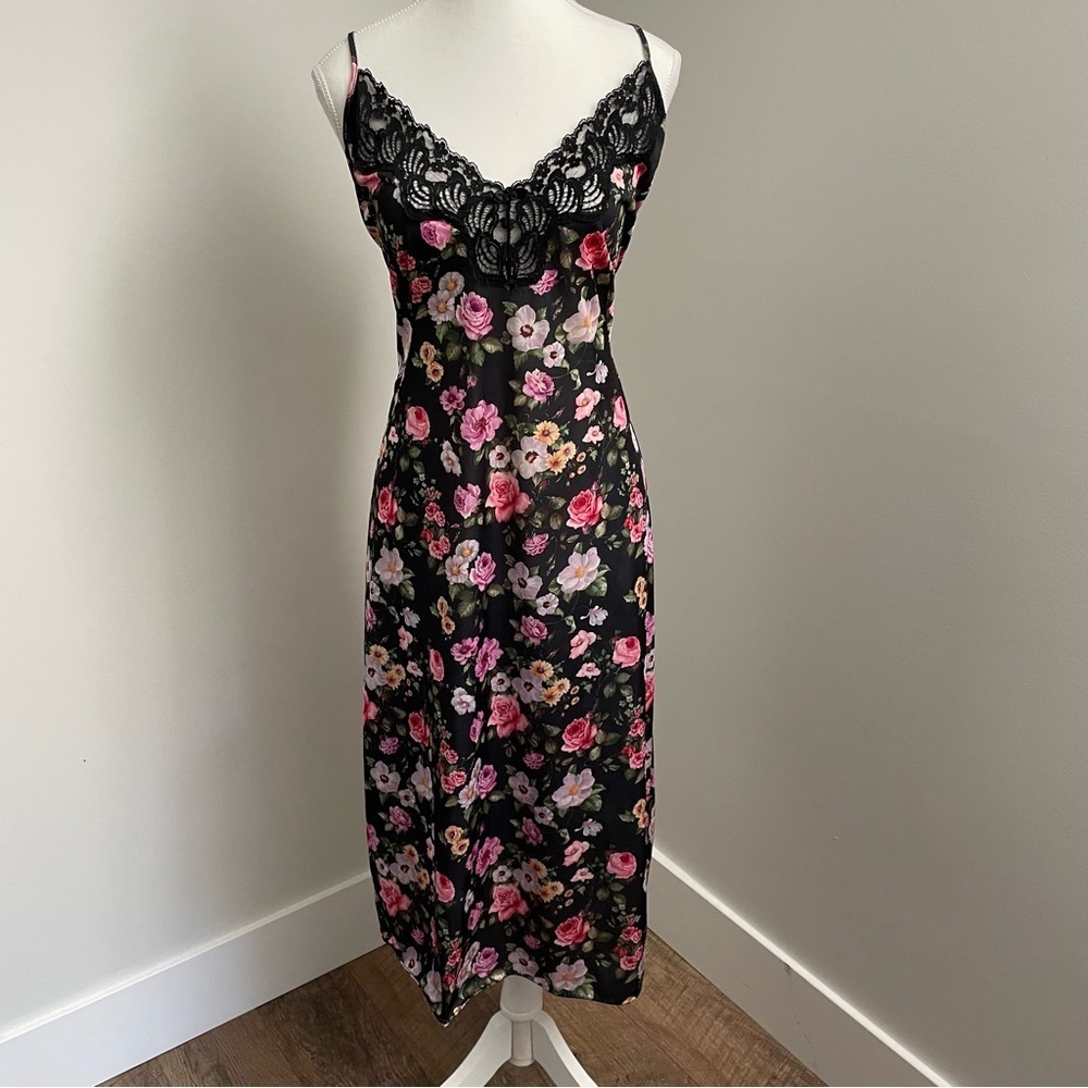 Vintage Cachet 90's Y2K Floral Lingerie Slip Dress Lace Trim Midi Length